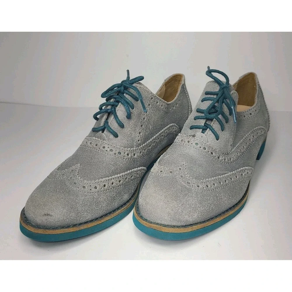 Cole Haan Wingtip Oxford Shoes Women 5B Gray Suede Teal Sole Brogue EUC